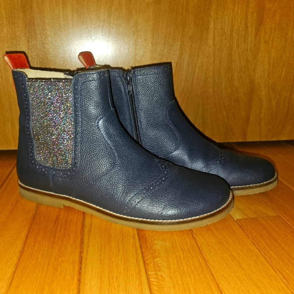 Mini Boden Navy Girls' Boots with Glitter Side Panels and Red Pull Tabs